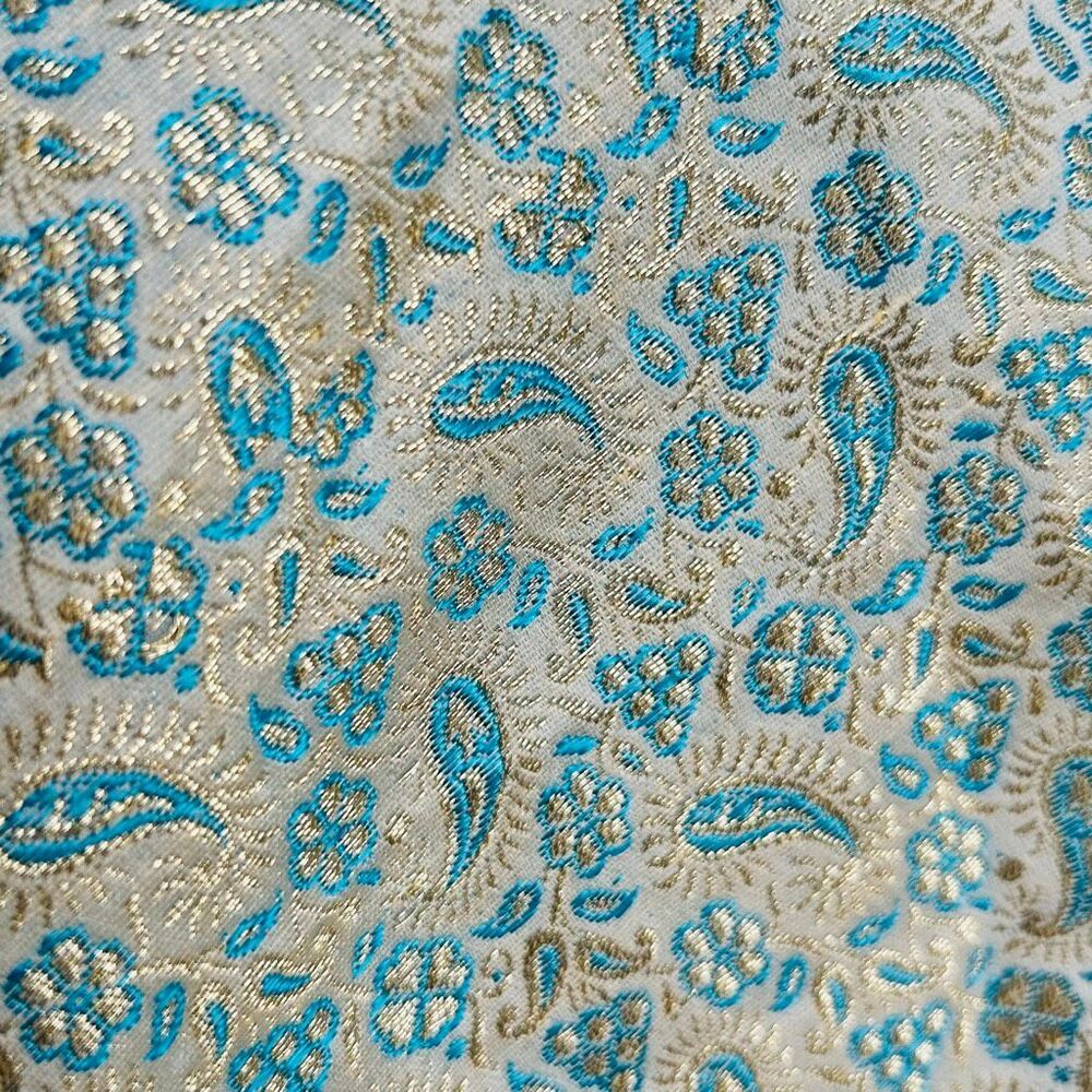 Turquoise Blue & Gold Metallic Brocade Paisley Fabric Floral Jacquard Destash Se